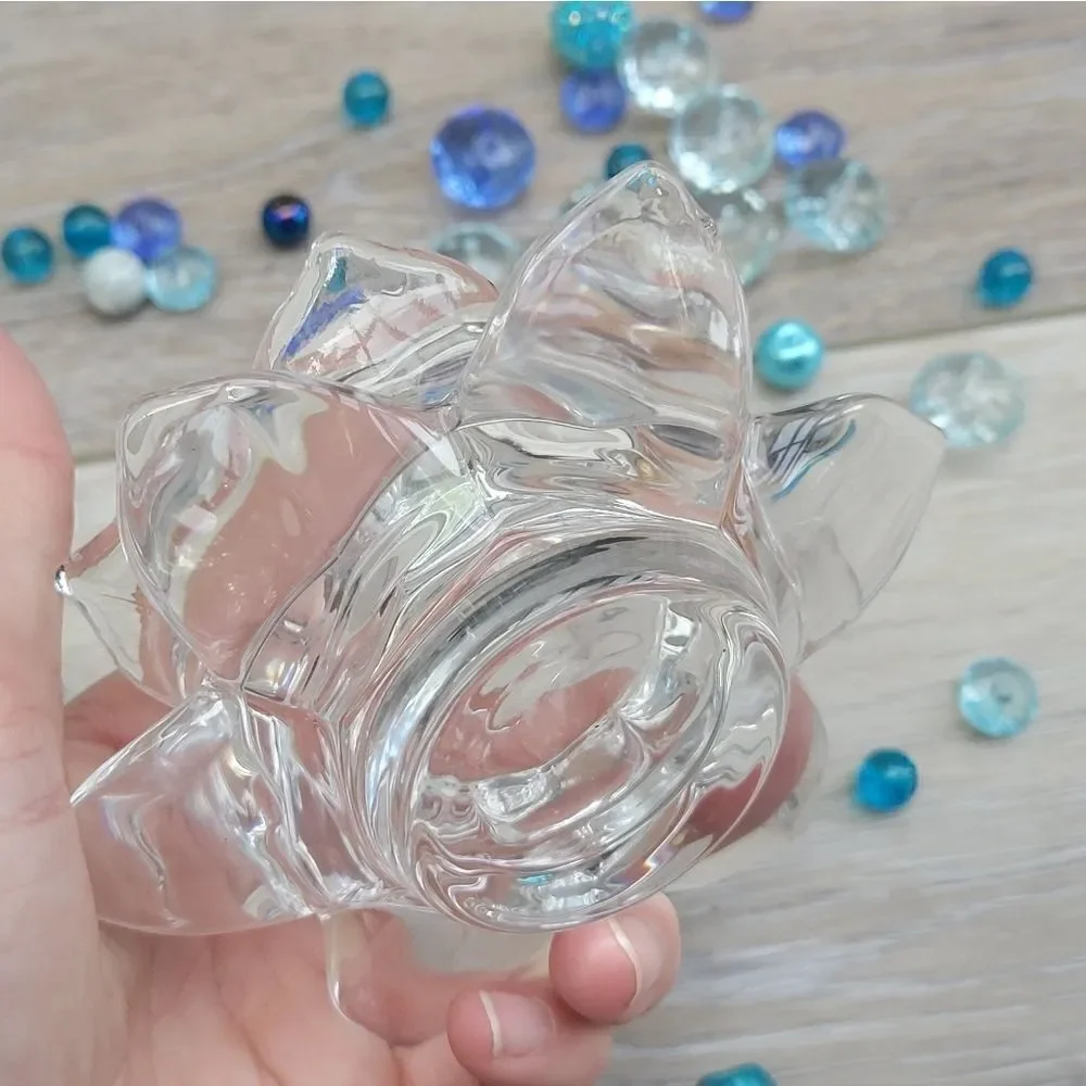 Lotus glass candle holders  with blue beads These are stunning! Pair of tabletop